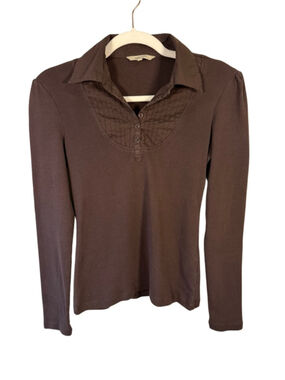 RW&CO. Brown Long Sleeve Polo Top with Pintuck Yoke